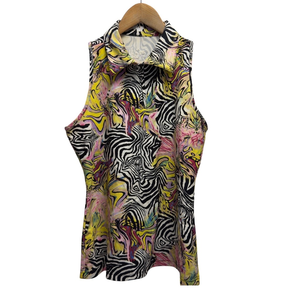 Tzu Tzu Women's Medium Multicolor Abstract Zebra Sleeveless Quarter Zip Golf Top